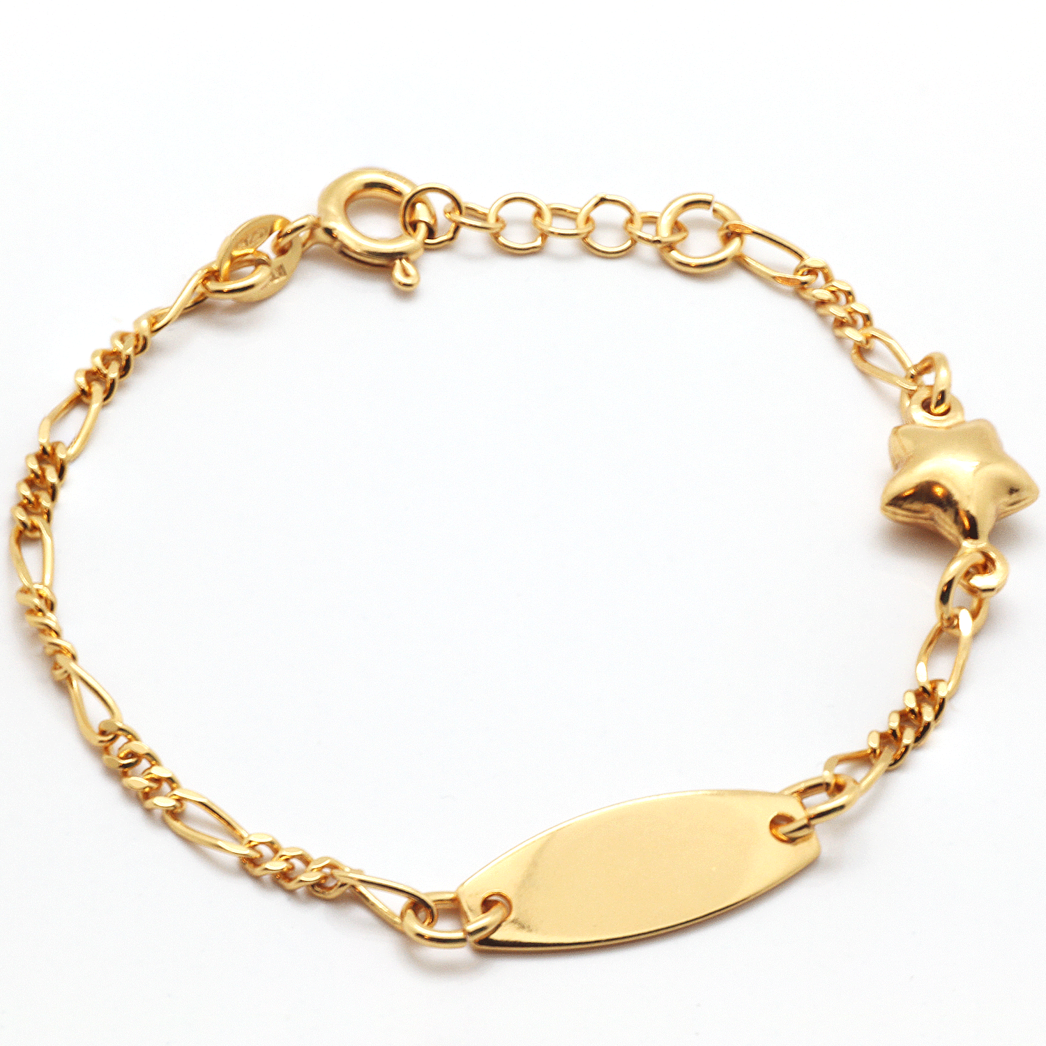 Sterling Silver Star and Tag Bracelet, Plated with 1 Micron 18 K Yellow  Gold, Made in Italy.